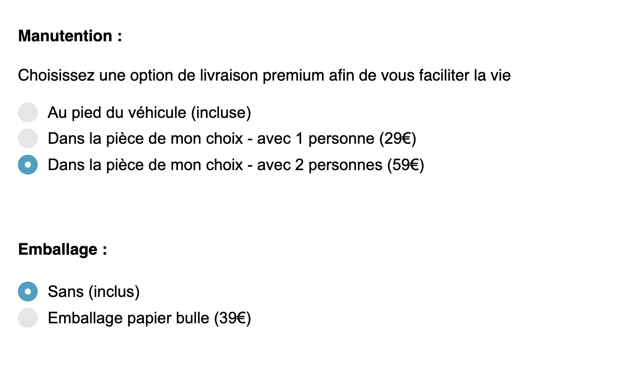 Affichage des options de livraisons