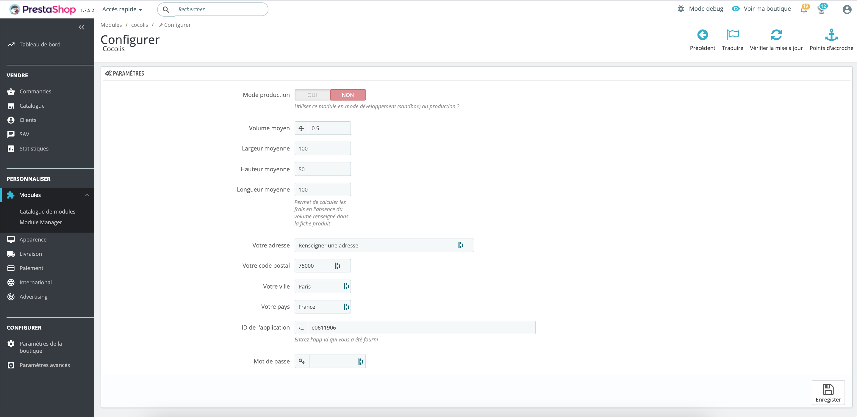 Capture d'écran de la page de configuration