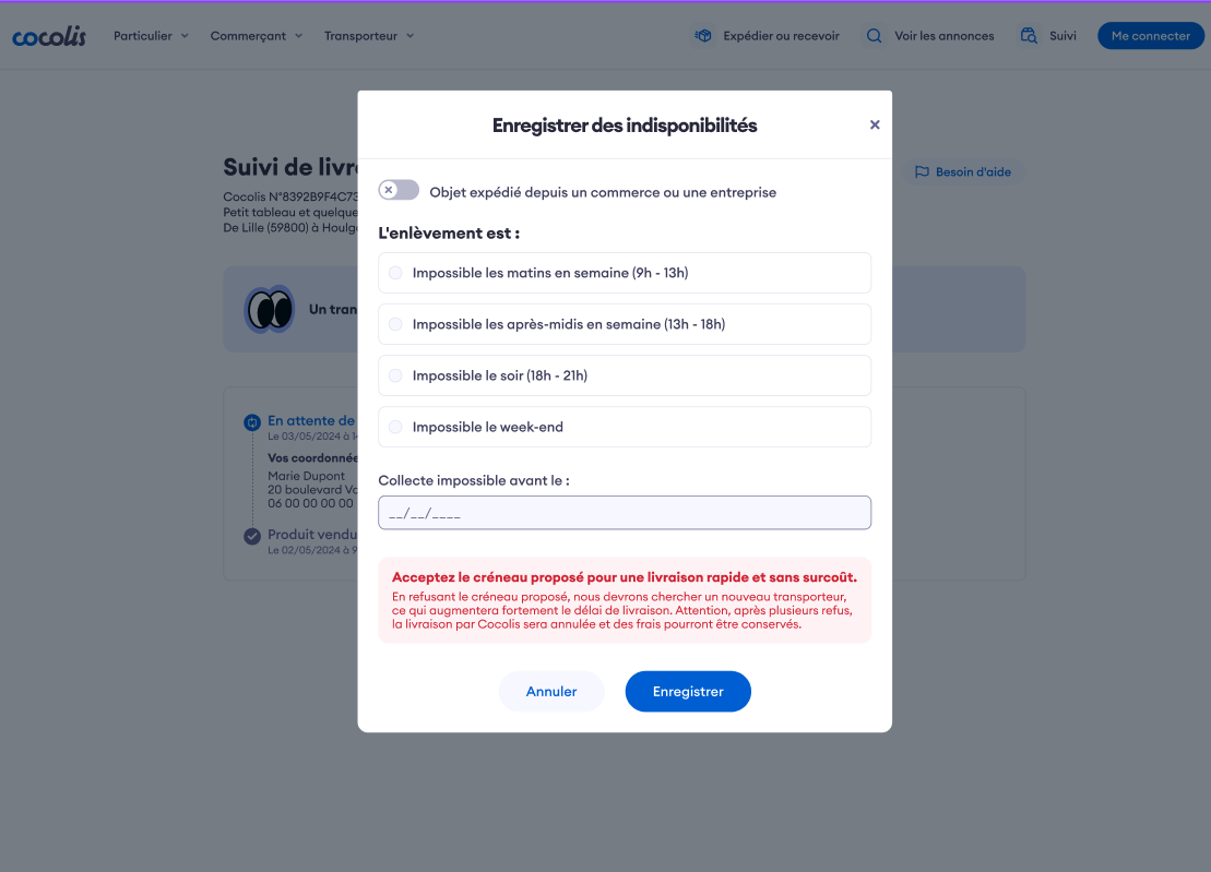 Renseignement des indisponibilités